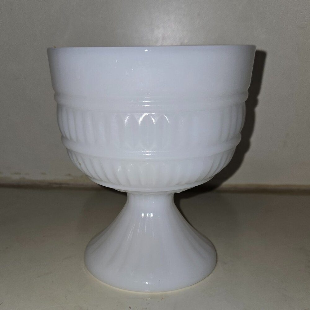 Vintage Milk Glass Pedestal Planter-Bowl-  Dish with Ribbed Design